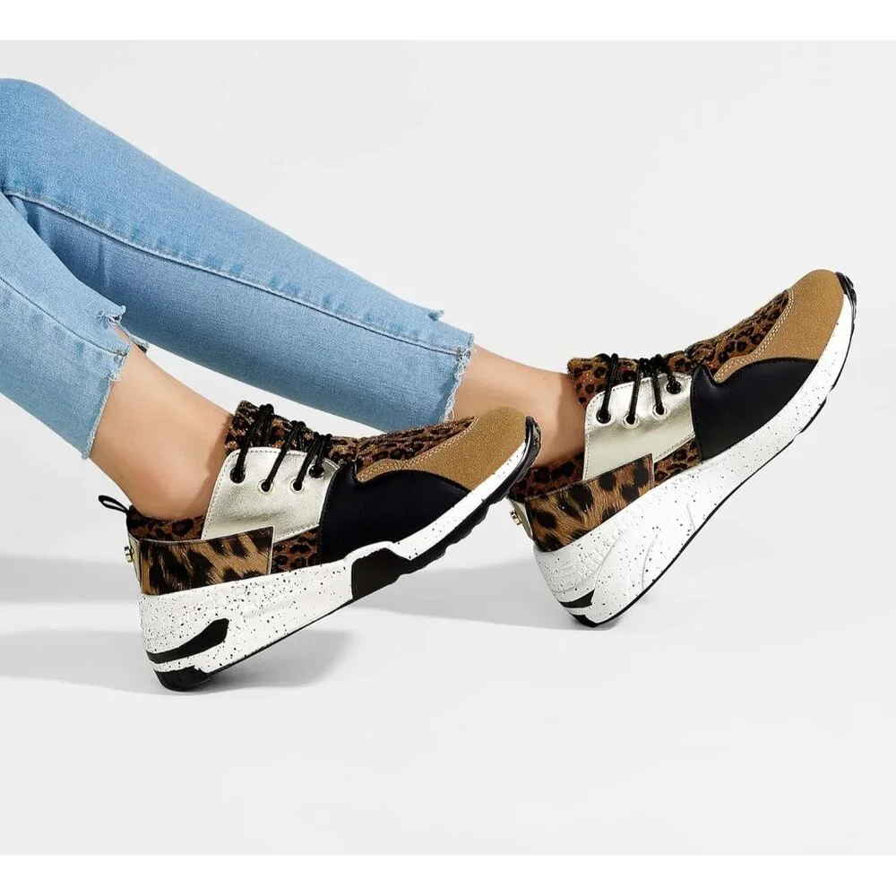 Lucky Step Women's Brown High Heel Wedge Sneaker Fashion Cliff Platform Lace Up - Picture 8 of 9